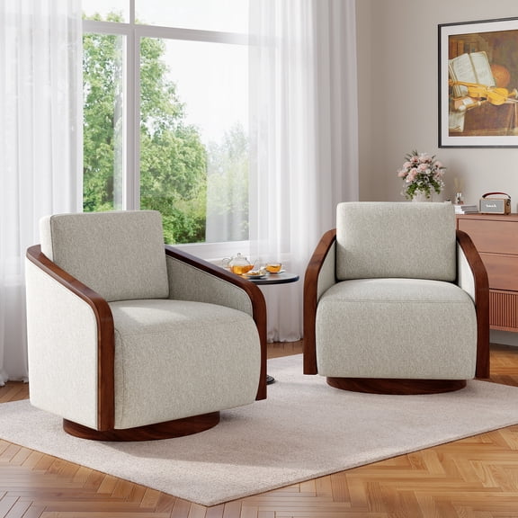 UIXE Swivel Accent Chairs Set of 2, Chenille Barrel Club Chair Upholstered Armchair for Living Room, Contemporary Arm Chair Bedroom Reading Seat Nook Single Sofa with Back Pillow - Beige Brown