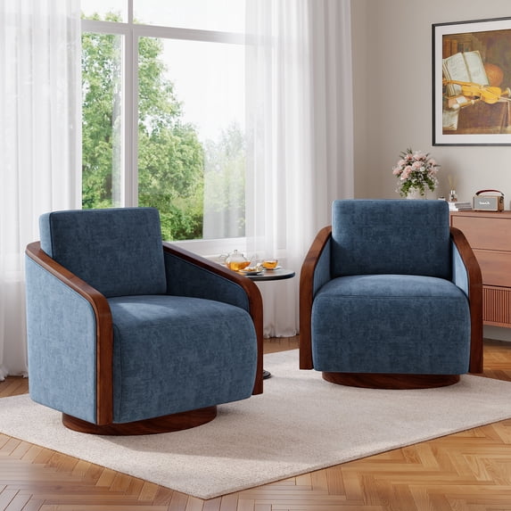 UIXE Swivel Accent Chairs Set of 2, Chenille Barrel Club Chair Upholstered Armchair for Living Room, Contemporary Arm Chair Bedroom Reading Seat Nook Single Sofa with Back Pillow - Navy