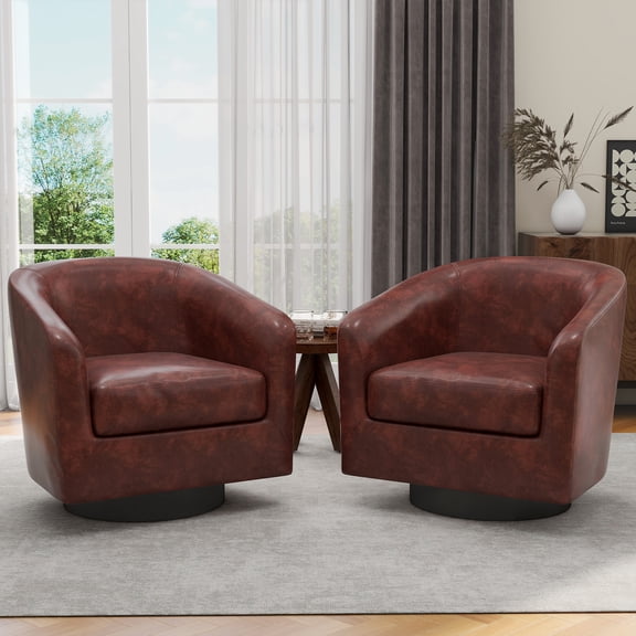 UIXE Swivel Accent Chairs Set of 2, PU Leather Barrel Club Chair Upholstered Armchair for Living Room, Round Arm Chair, Red Brown