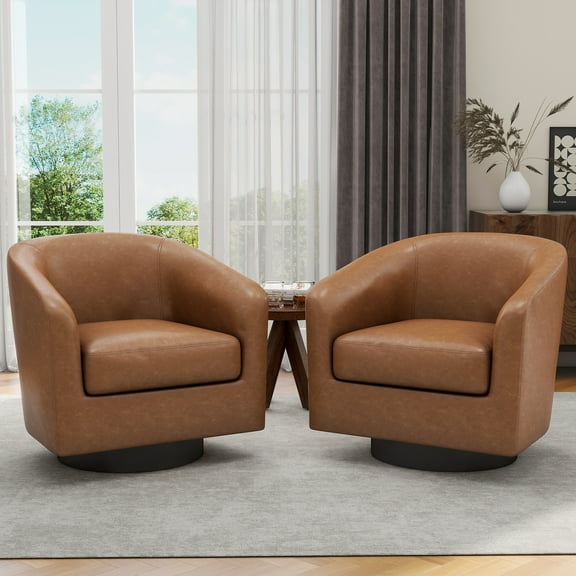 UIXE Swivel Accent Chairs Set of 2, PU Leather Barrel Club Chair Upholstered Armchair for Living Room, Round Arm Chair, Brown