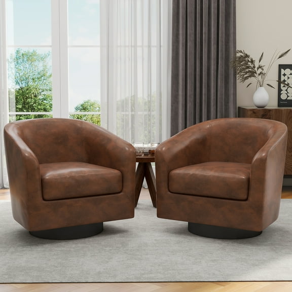 UIXE Swivel Accent Chairs Set of 2, PU Leather Barrel Club Chair Upholstered Armchair for Living Room, Round Arm Chair, Coffee