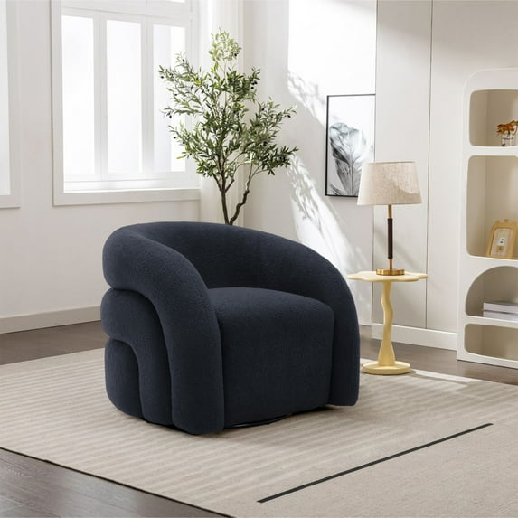 UIXE Swivel Barrel Accent Chair, Boucle Upholstered Arm Chair for Living Room, Modern Round Armchair Comfy Reading Sofa Seat with Solid Metal Base, Navy