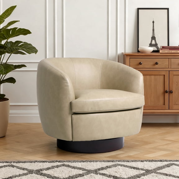 UIXE Swivel Barrel Accent Chair, Comfy Modern Upholstered Round Faux Leather Reading Arm Chair for Living Room, Bedroom (Cream, Set of 1)