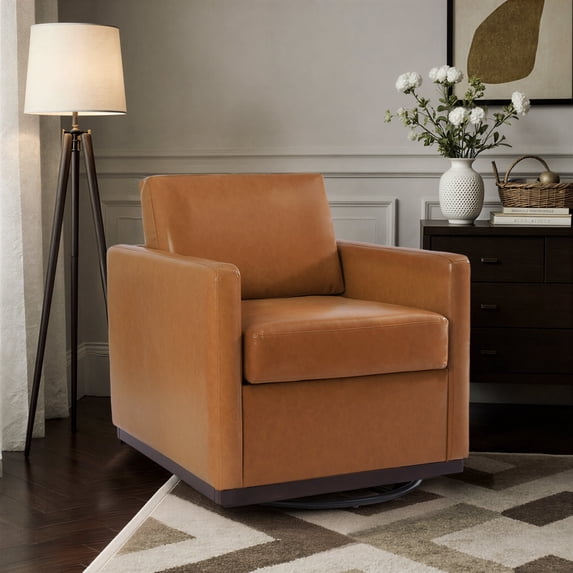 UIXE Swivel Barrel Accent Chair, Mid Century Modern Arm Chair for Living Room, Bedroom, Comfy Club Reading Lounge Sofa Corner Chairs for Adults (Leather Light Brown, Set of 1)