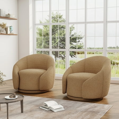 UIXE Swivel Barrel Accent Chair Set of 2, 360° Small Round Sofa Chair, Comfy Modern Reading Armchair for Living Room Bedroom, Light Brown