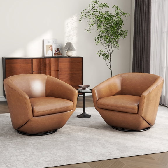 UIXE Swivel Barrel Accent Chair Set of 2 PU Leather Club Chair Upholstered Armchair for Living Room Modern Round Arm Chair, Brown
