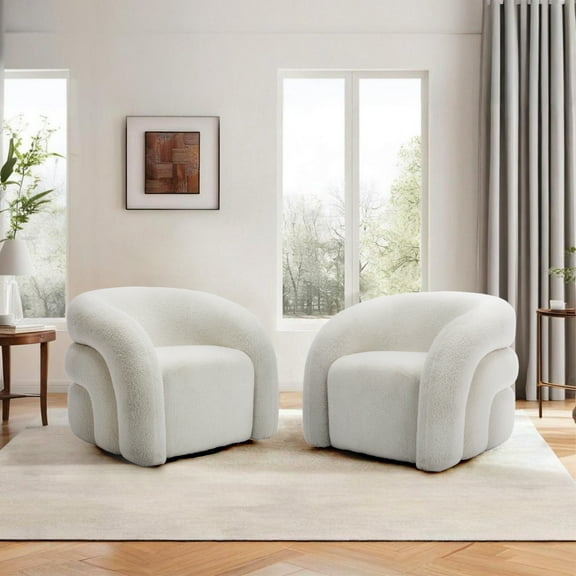 UIXE Swivel Barrel Accent Chairs Set of 2, Boucle Upholstered Arm Chair for Living Room, Modern Round Armchair Comfy Reading Sofa Seat with Solid Metal Base, White