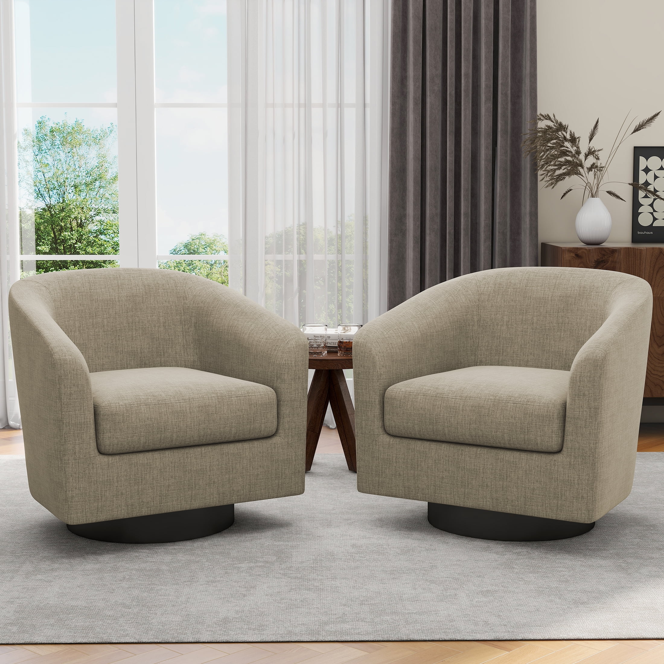 UIXE Swivel Accent Chair Set of 2, Upholstered Fabric Barrel Chair for Living Room, Small Single Sofa Bedroom Reading Seat, Light Brown