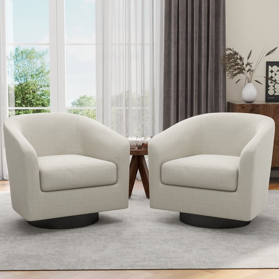 UIXE Swivel Barrel Accent Chairs Set of 2, Modern Upholstered Living Room Chair Round Club Armchair, Beige