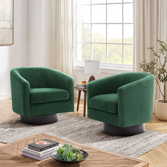 UIXE Swivel Barrel Accent Chairs Set of 2 Modern Upholstered Living Room Chair Round Club Armchair, Dark Green