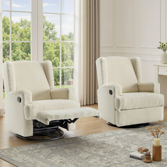 UIXE Swivel Glider Recliner Chairs Set of 2, Boucle High Back Accent Chair Nursery Rocker for Living Room, Upholstered Manual Reclining Sofa Seating with Deep Seat, Cream
