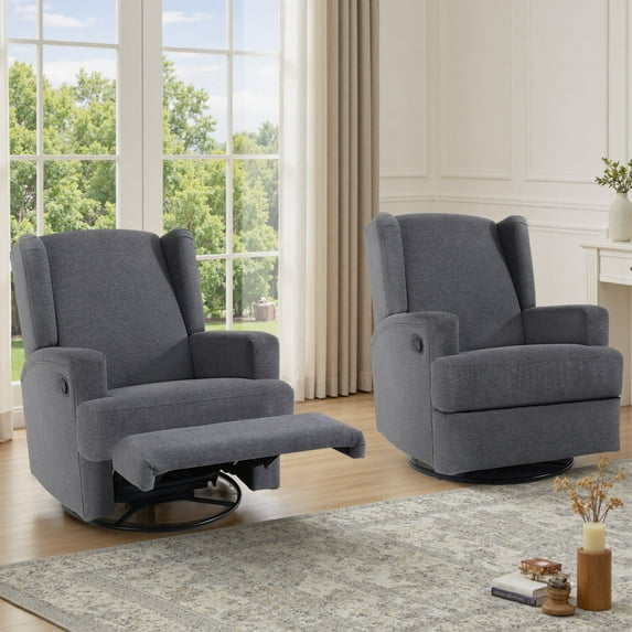 UIXE Swivel Glider Recliner Chairs Set of 2, Fabric High Back Accent Chair Nursery Rocker for Living Room, Upholstered Manual Reclining Sofa Seating with Deep Seat, Gray