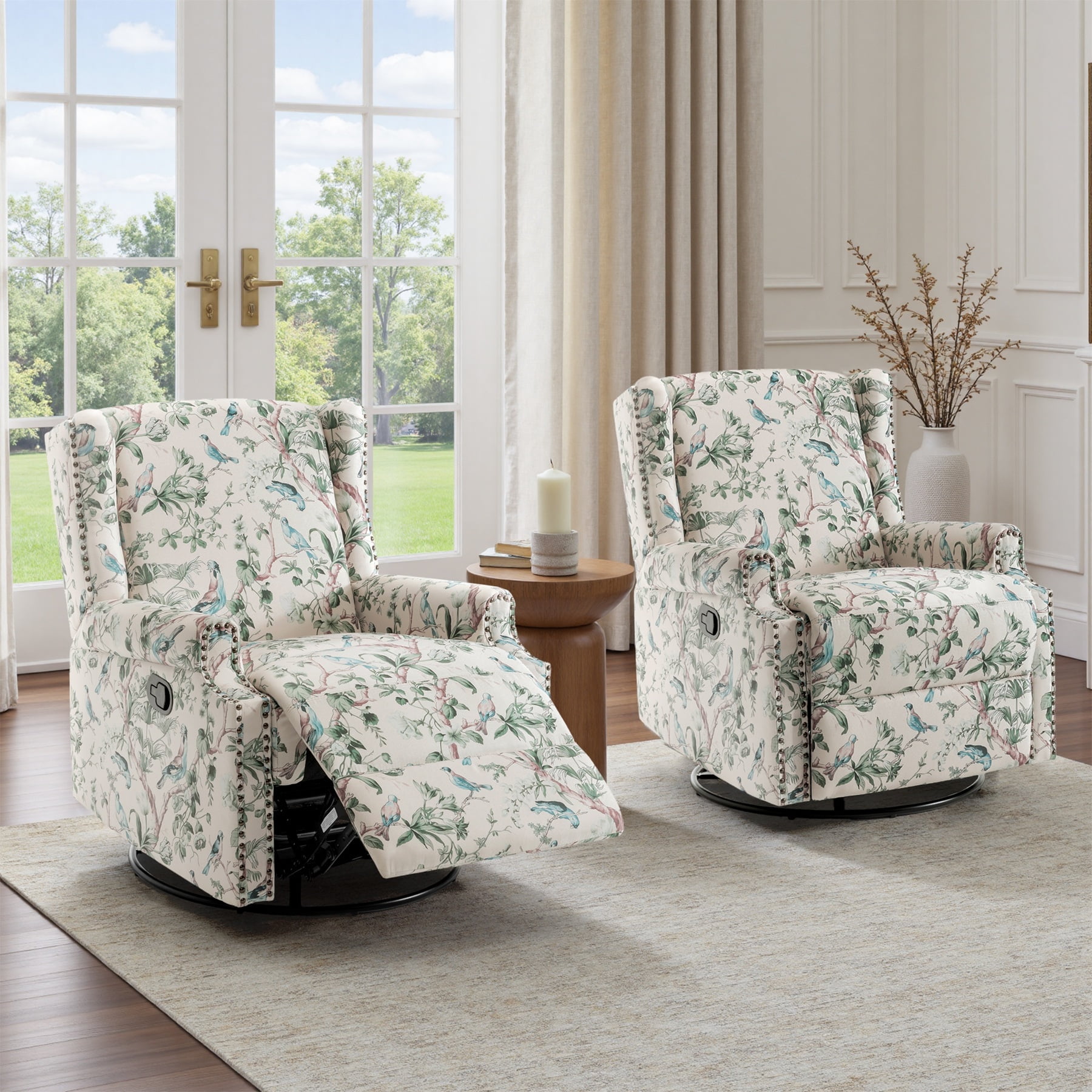 UIXE Swivel Rocker Manual Recliner Chairs Set of 2, Wingback Swivel Glider Fabric Nursery Reclining Sofa Chair, High Back Upholstered Arm Chair for Living Room Bedroom, Bird