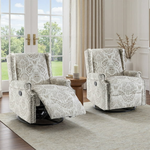 UIXE Swivel Rocker Manual Recliner Chairs Set of 2, Wingback Swivel Glider Fabric Nursery Reclining Sofa Chair, High Back Upholstered Arm Chair for Living Room Bedroom, Beige