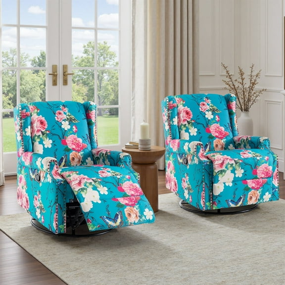 UIXE Swivel Rocker Recliner Chair Set of 2, Manual Nursery Glider Recliner, Floral Fabric Wingback Accent Chair with Adjustable Backrest & Footrest for Small Spaces Living Room Bedroom, Peacock Blue