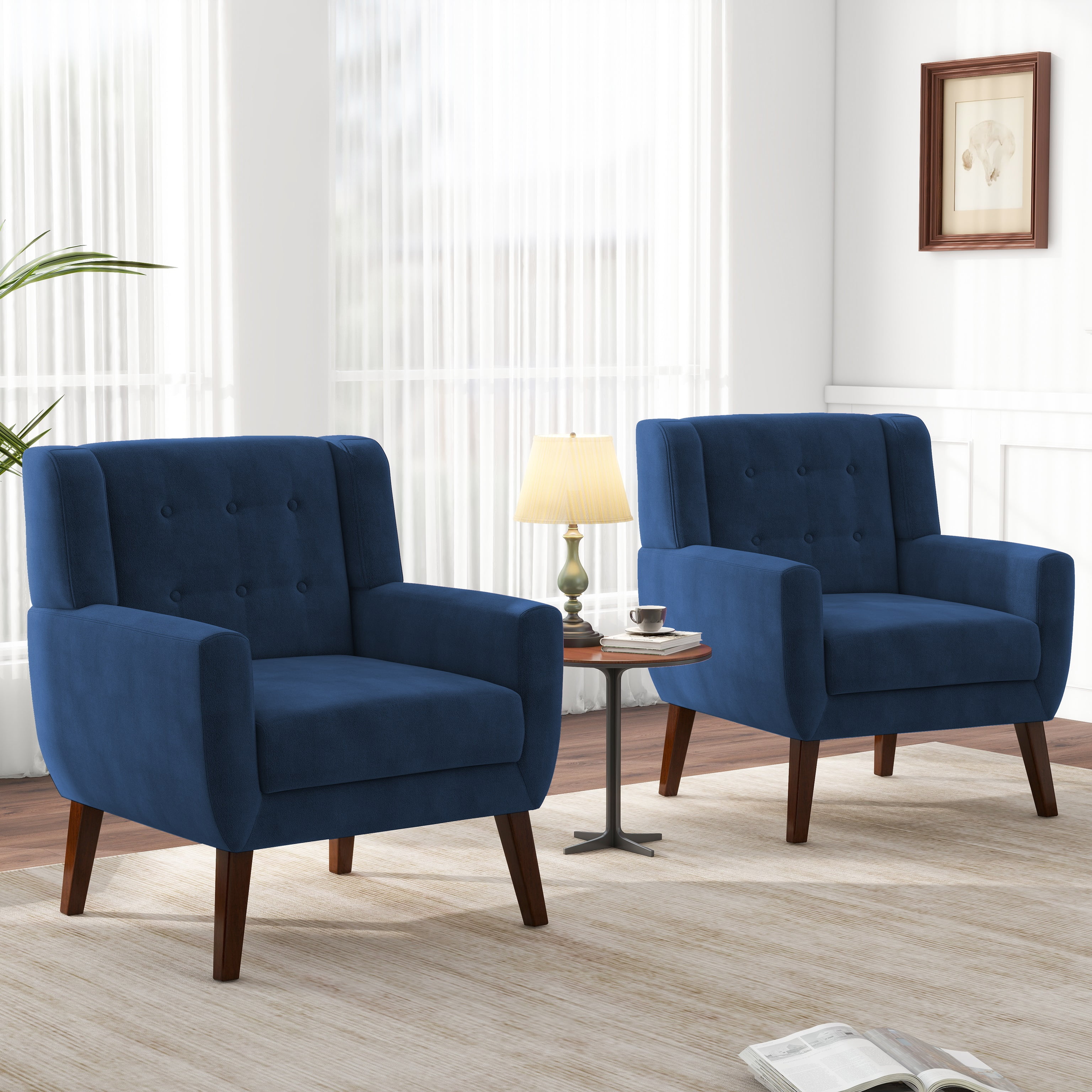 Royal Blue Velvet Barrel Accent Chair with Solid Wood Legs
