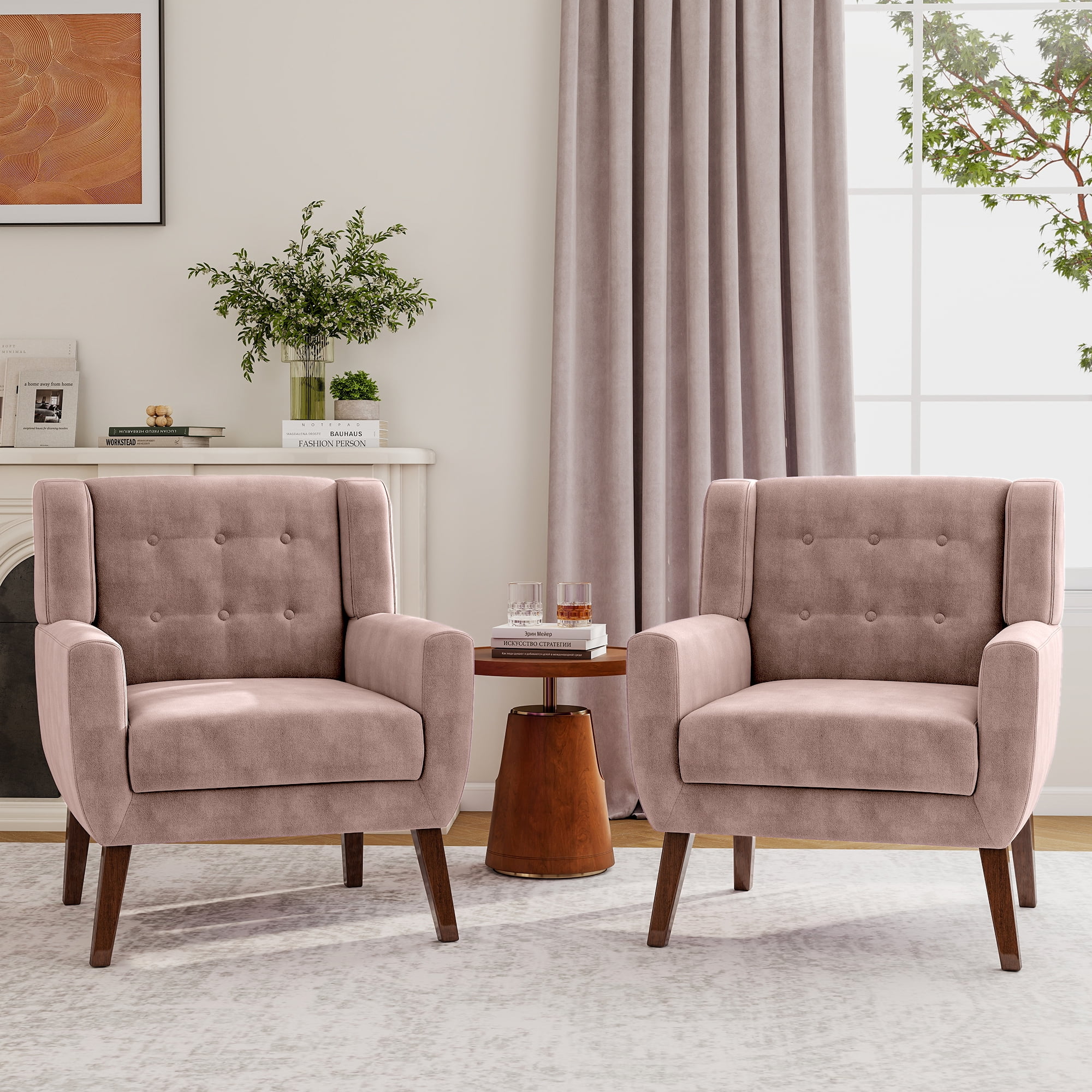 UIXE Velvet Accent Chair Set of 2 Upholstered Armchair for Living Room Button Tufted Reading Seating, Skin Pink