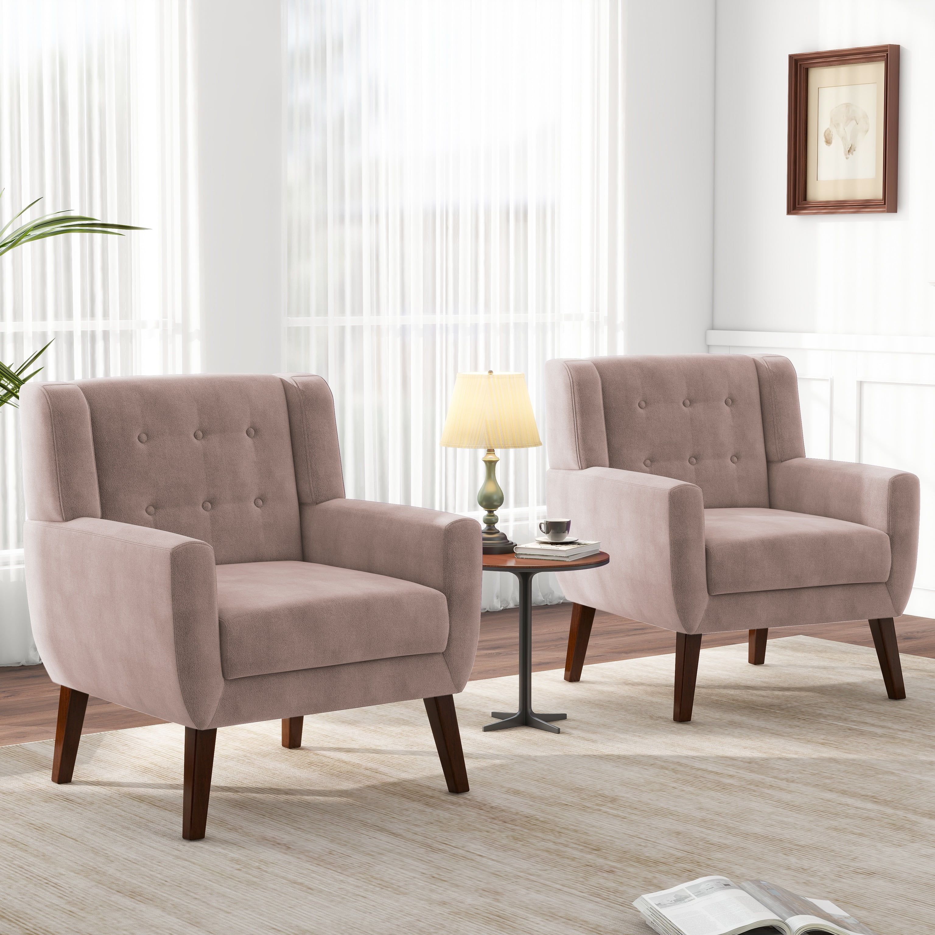 Skin Pink Velvet Barrel Accent Chair with Wood Legs