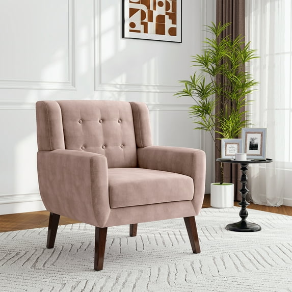 UIXE Velvet Accent Chair Comfy Living Room Arm Chairs Tufted Armrest Reading Seat, Skin Pink