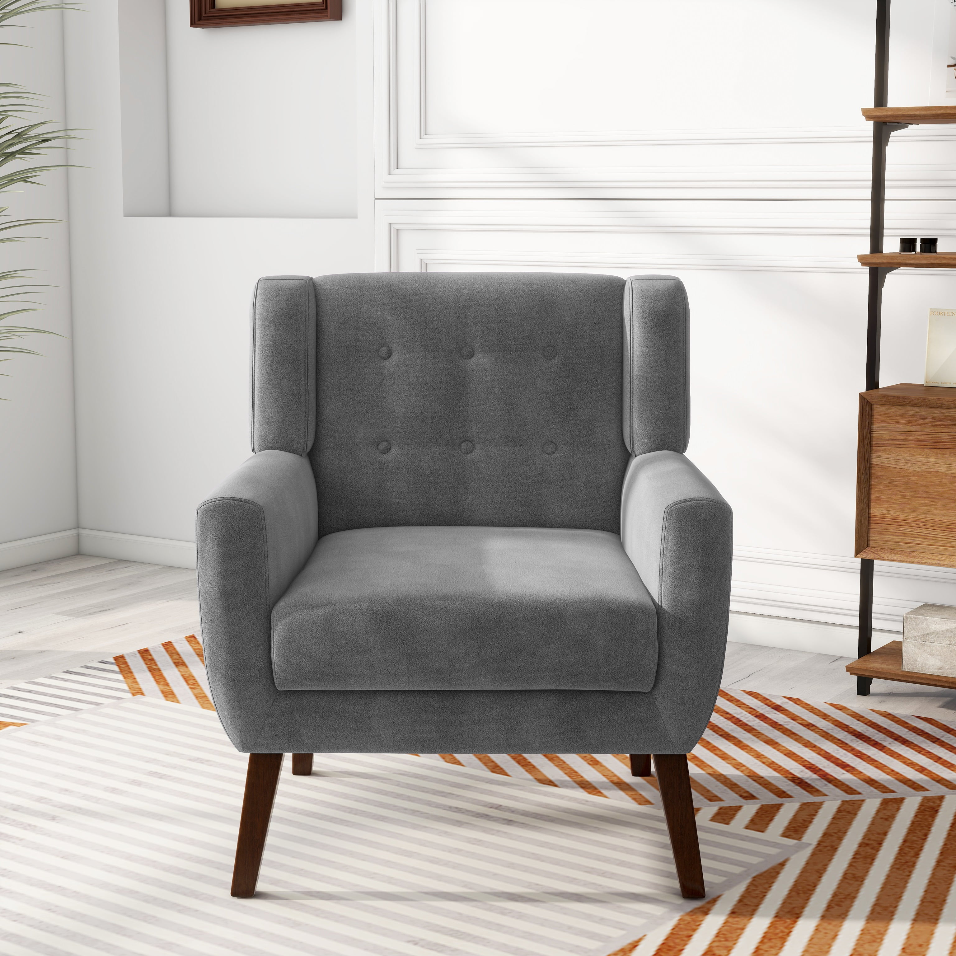 Gray Velvet Upholstered Accent Chair with Wooden Legs