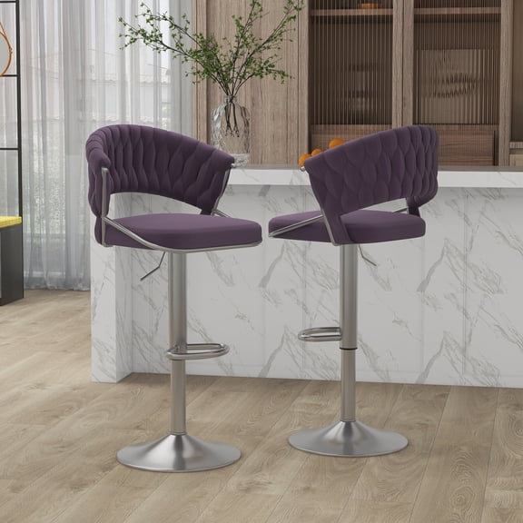 UIXE Velvet Bar Stools Set of 2 Modern High Back Swivel Barstool for Kitchen Counter Square Island,Purple