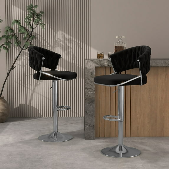 UIXE Velvet Black Bar Stools Set of 2 Modern High Back Swivel Barstool for Kitchen Counter Square Island
