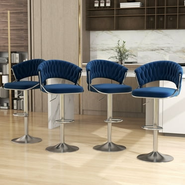 UIXE Velvet Navy Blue Bar Stools Set of 4 Modern High Back Swivel Barstool for Kitchen Counter Square Island