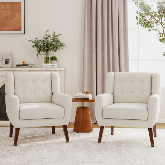 UIXE White Accent Chair Set of 2, Linen Armchair for Living Room