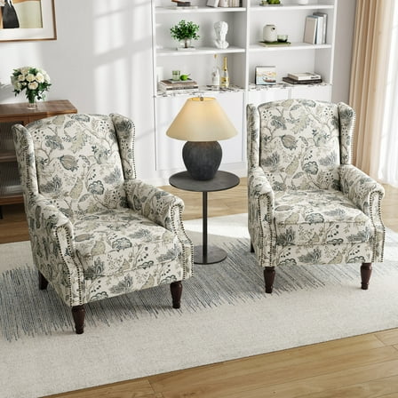UIXE Wingback Accent Chair Set of 2 Upholstered Armchair High Back Accent Chair with Solid Wood Frame for Living Room, Plants Beige Pattern