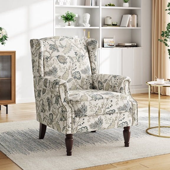 UIXE Wingback Accent Chair Upholstered Armchair High Back Armchair with Solid Wood Frame for Living Room, Plants Beige Pattern