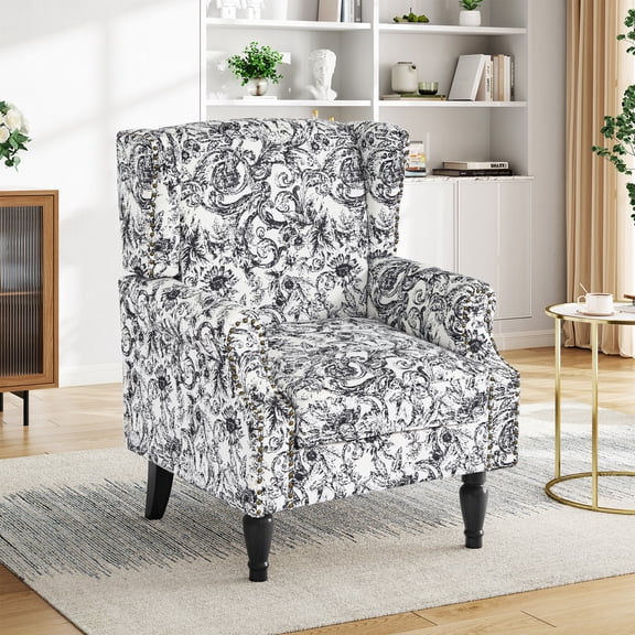UIXE Wingback Accent Chair Upholstered Armchair Printed Wingback Arm Chair Nailhead Trim Bedroom Reading Seat, Rococo Black