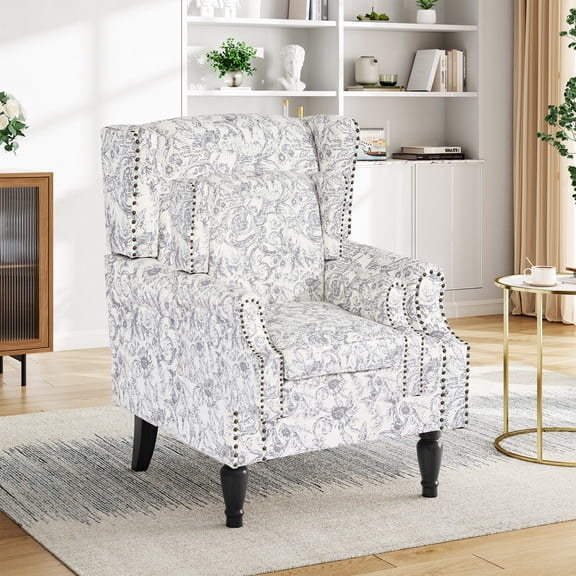 UIXE Wingback Accent Chair Upholstered Armchair Printed Wingback Arm Chair Nailhead Trim Bedroom Reading Seat, Rococo Light Gray