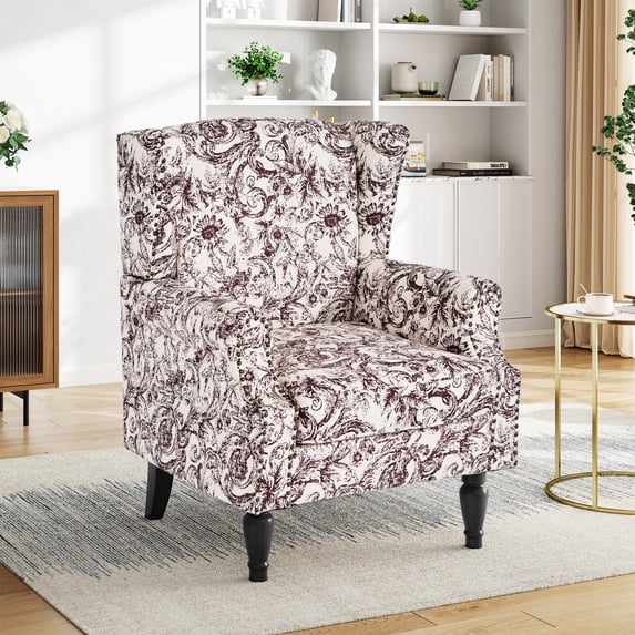 UIXE Wingback Accent Chair Upholstered Armchair Printed Wingback Arm Chair Nailhead Trim Bedroom Reading Seat, Rococo Plum