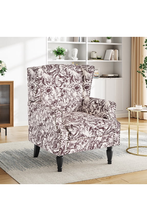 Wingback Accent Chair Upholstered Armchair Printed Wingback Arm Chair Nailhead Trim Bedroom Reading Seat, Rococo Plum