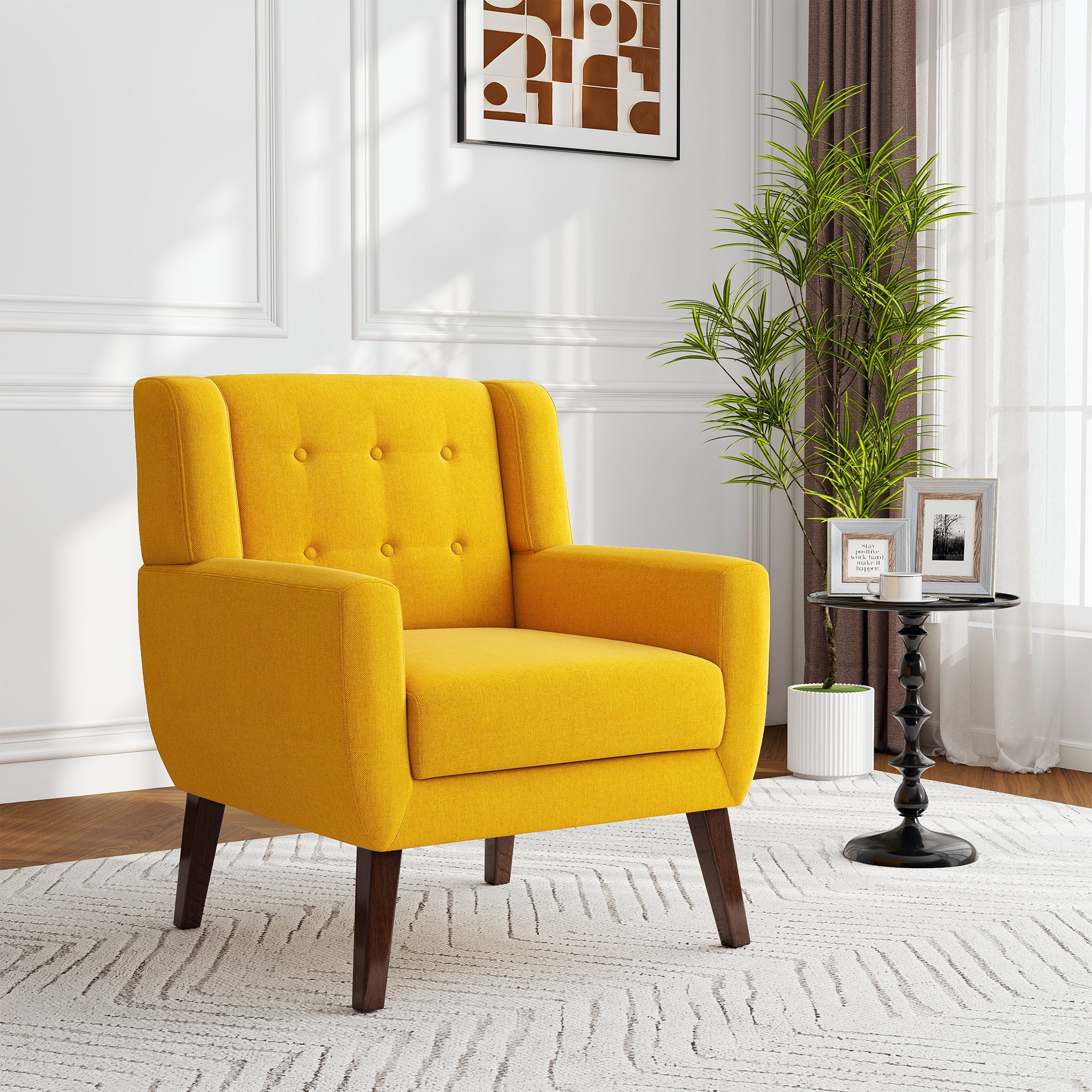 UIXE Midcentury Modern Yellow Accent Armchair, Linen Upholstered