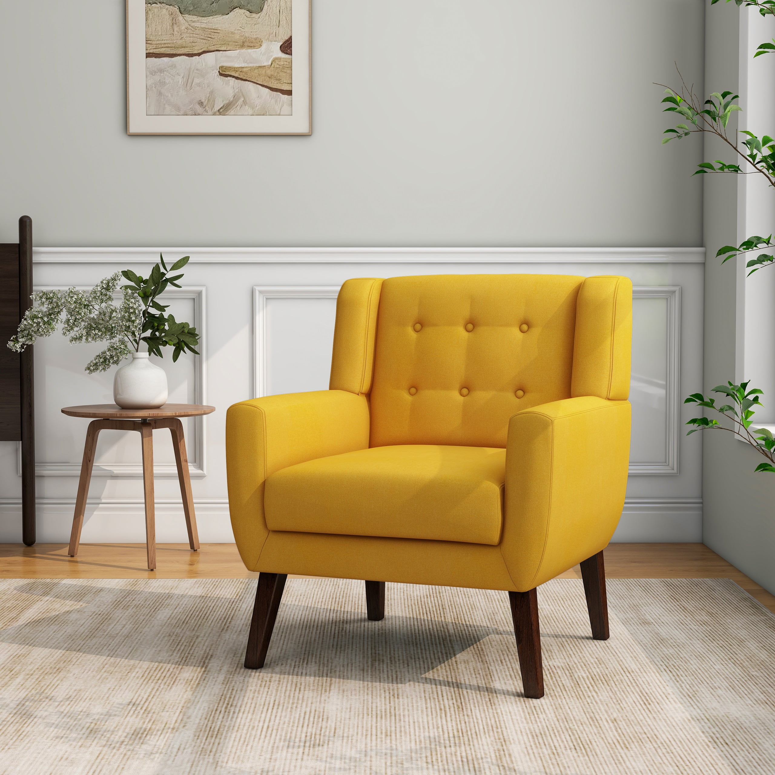 UIXE Midcentury Modern Yellow Accent Armchair, Linen Upholstered for ...