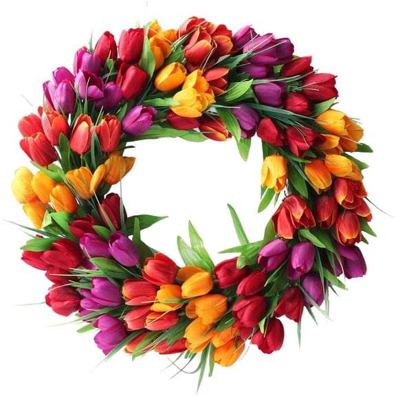 UIYIHIF 20 Inches Tulip Wreath, Artificial Flower Handmade Floral Wreath for 2023 New Spring, Simulation Round Spring Garland Wreath for Front Door Wedding Wall Home Decor