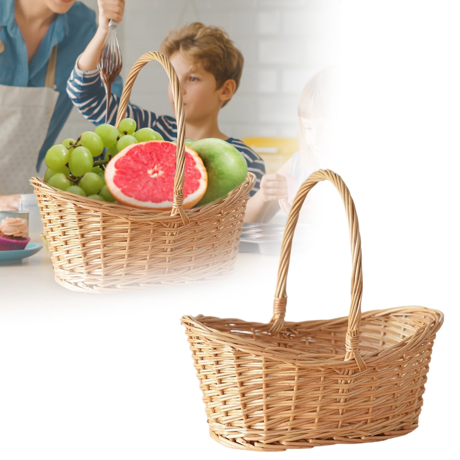 UJMNHYGT Handwoven Wicker Harvest Basket with Handle, Rattan Woven Storage Basket for Garden Fruit Vegetables Picnic Easter Organizing Flower Girl Gift Basket