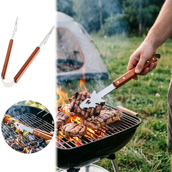 UJMNHYGT Heavy Duty BBQ Grill Tongs 14.9 Inch Extra Long, Stainless Steel Tongs with Wooden Handle Non Clamping, for Cooking Barbecue Salads Meat