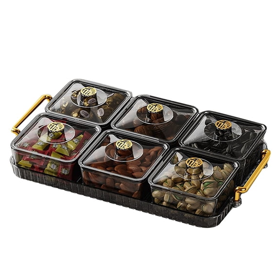 UJMNHYGT Modern Divided Snack Tray with Lid Handle, 6 Compartment Portable Clear Sectioned Serving Tray, Removable Snackle Box Organizer for Dried Fruits Candy Nuts Appetizers Party