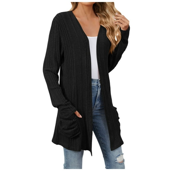 UJNDER 2025 Autumn Mid Long Cardigan for Women Casual Long Sleeve Knitted Sweater with Pocket Black M