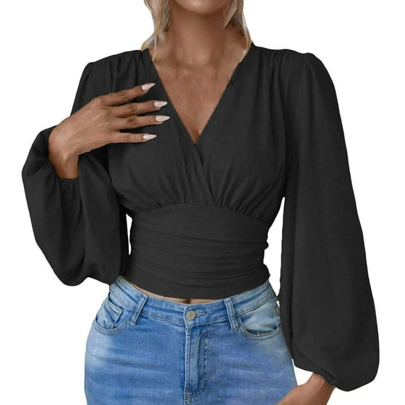 UJNDER 2025 Women's Tops Elegant Wrap Blouse V Neck Work Shirts Fall Fashion Long Sleeve Dressy Casual Ruched Tops for Women Black M