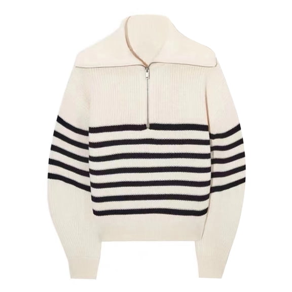 UJNDER Autumn Winter Lapel Style Color Striped Casual Half Zip Sweater for Women White S