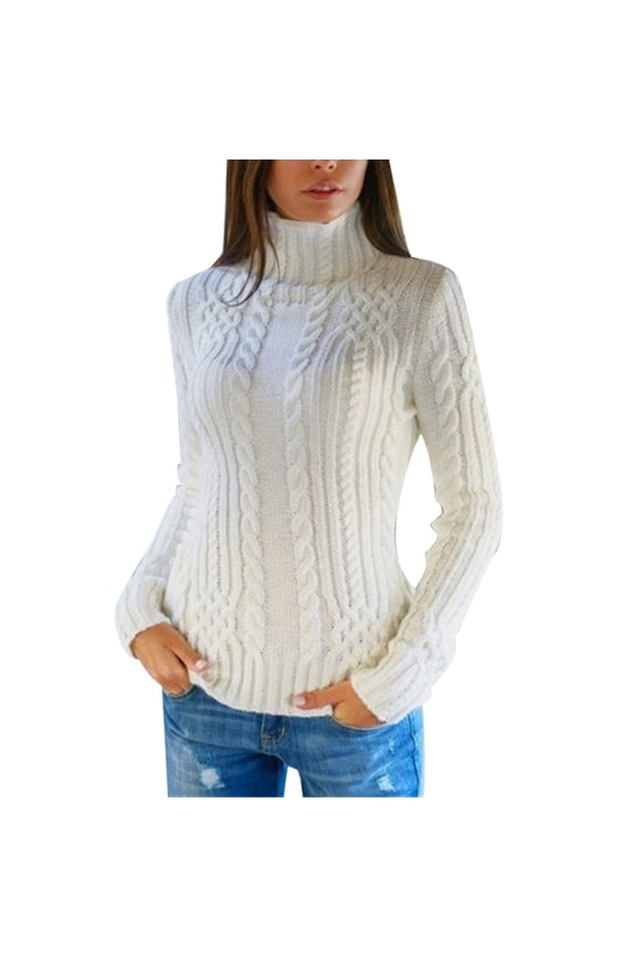 Autumn Winter Regular Turtleneck Long Sleeve Knitted Sweater for Women White M