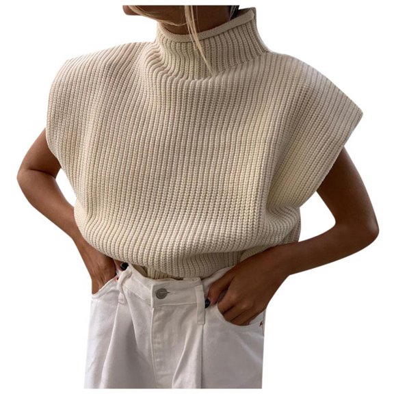 UJNDER Autumn Winter Solid Color Wool Sweater for Women Temperament High Neck Sleeveless Pullover Beige L