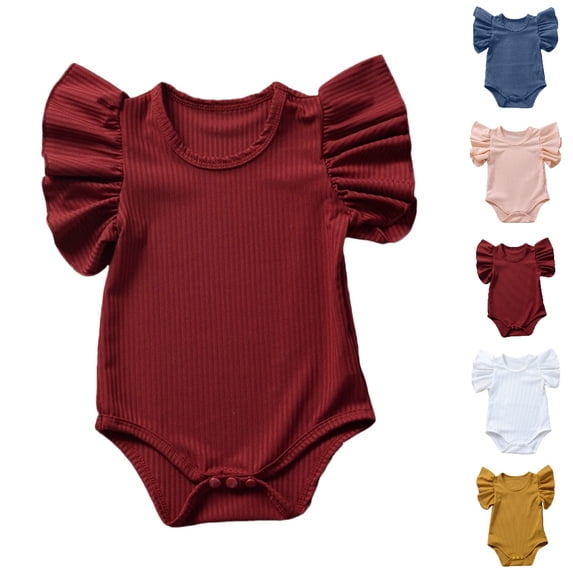 UJNDER Baby Bodysuit Girl's Short Sleeve Solid Ruffle Romper Bodysuit Clothes,Red,18-24 Months