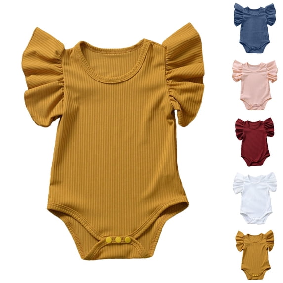 UJNDER Baby Bodysuit Girl's Short Sleeve Solid Ruffle Romper Bodysuit Clothes,Yellow,12-18 Months