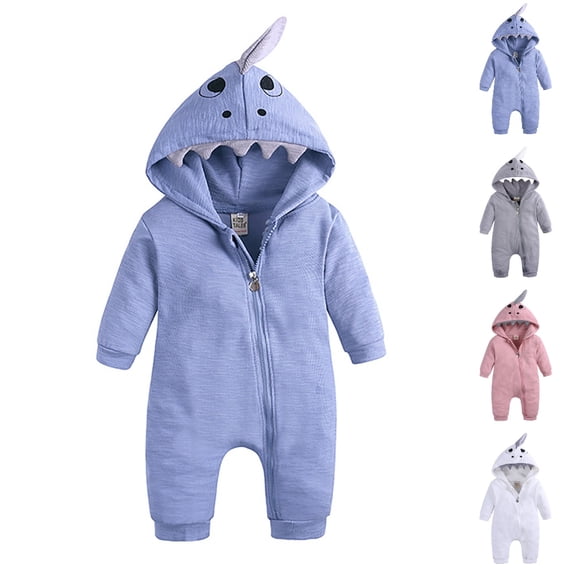 UJNDER Baby Romper Baby Boys Girls Shark Hooded Long Sleeve Solid Color Cartoon Cute Jumpsuit,Blue,6-9 Months