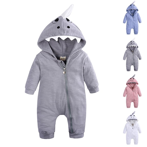 UJNDER Baby Romper Baby Boys Girls Shark Hooded Long Sleeve Solid Color Cartoon Cute Jumpsuit,Grey,0-3 Months