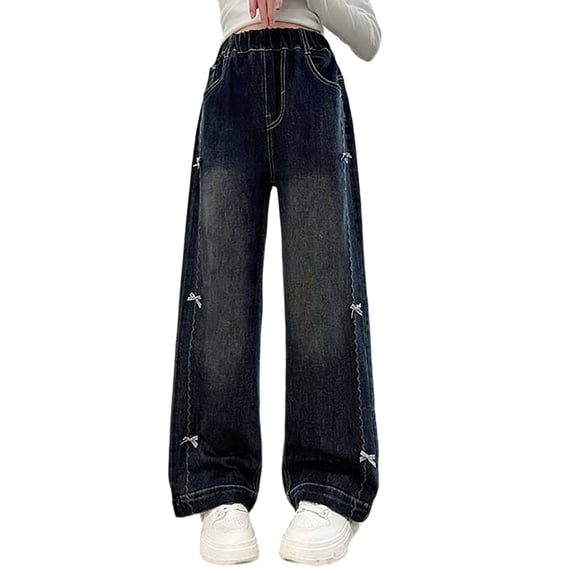 UJNDER Baggy Jeans Girls Wide Leg Elastic Waist Multiple Pockets Cargo Trousers Denim Pants for Children Girls Cargo Pants,Blue_001,11-12 Years